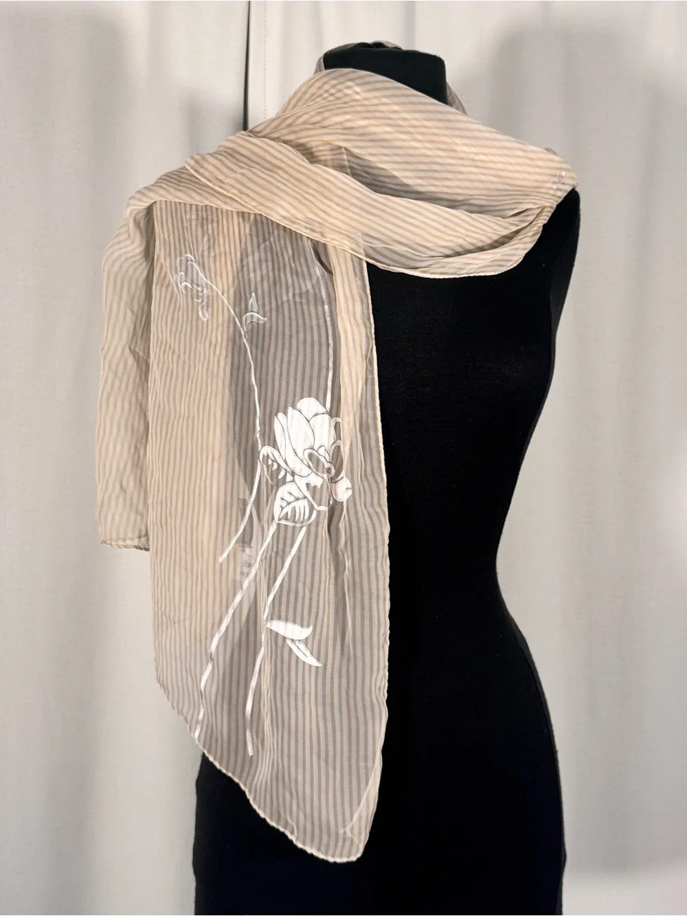 Vintage Worth Silk Blend Ivory Stripe Floral Scarf